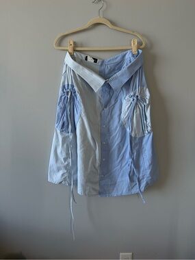 Goodbye Folk Upcycled Vintage Button-Up Mixed Blue Pinstripe Midi Skirt